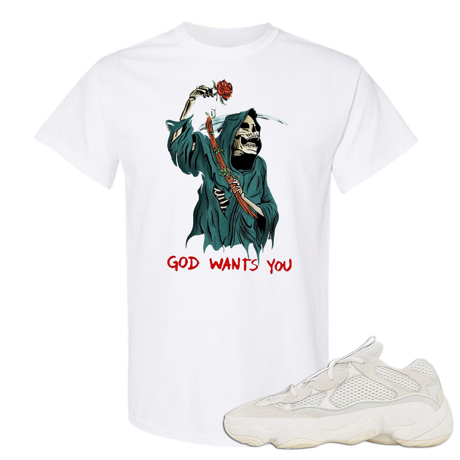 Bone White 500s T Shirt | God Wants You Reaper, White