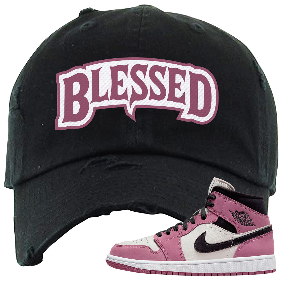 Berry Black White Mid 1s Distressed Dad Hat | Blessed Arch, Black