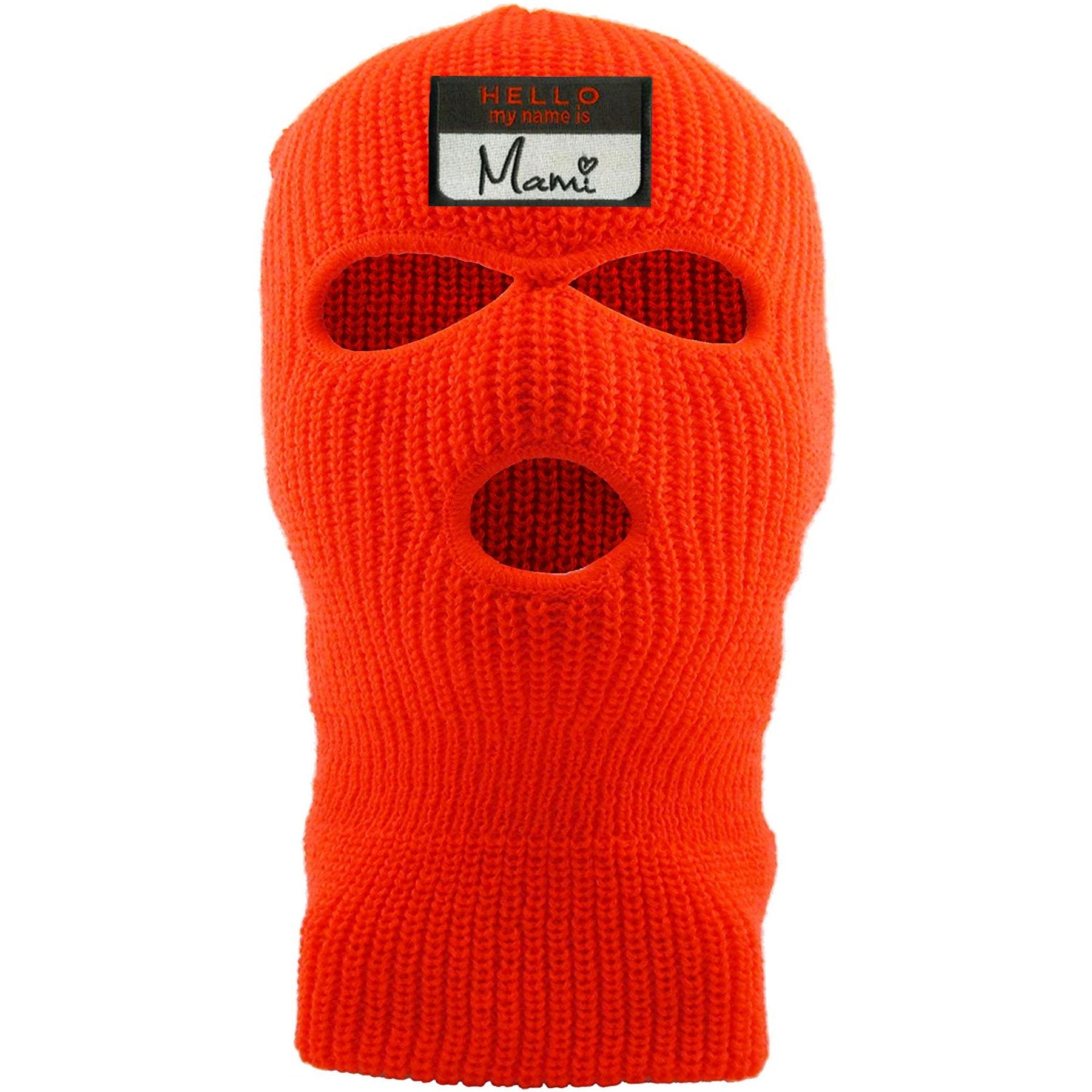 Embroidered on the front of the safety orange 3 hole ski mask is the Hello my name is mami logo embroidered in black, white, and red