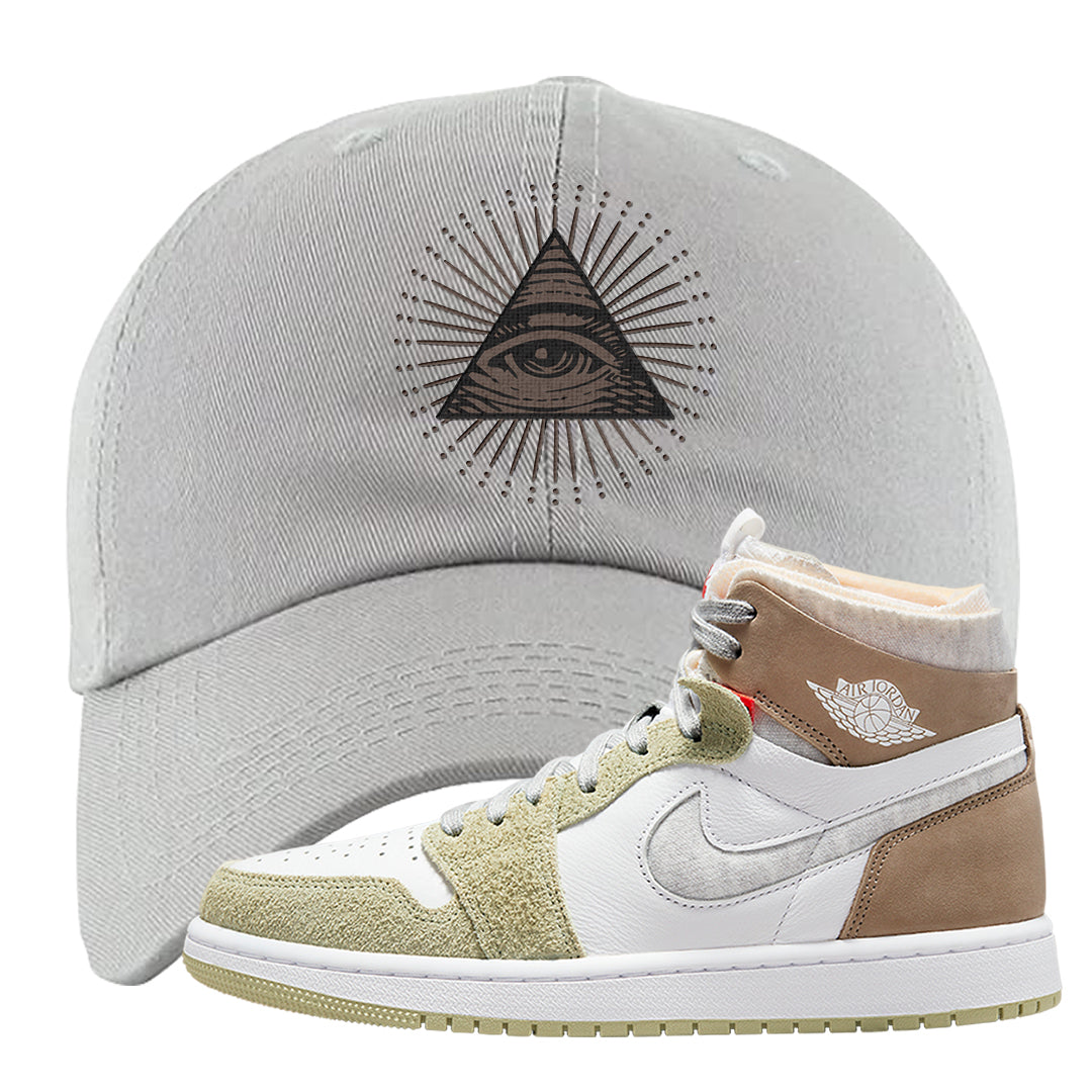 Zoom CMFT Olive Aura 1s Dad Hat | All Seeing Eye, Light Gray