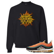 Printed on the front of the Air Max 97 sunburst black sneaker matching crewneck sweatshirt is the Vintage Lion head logo