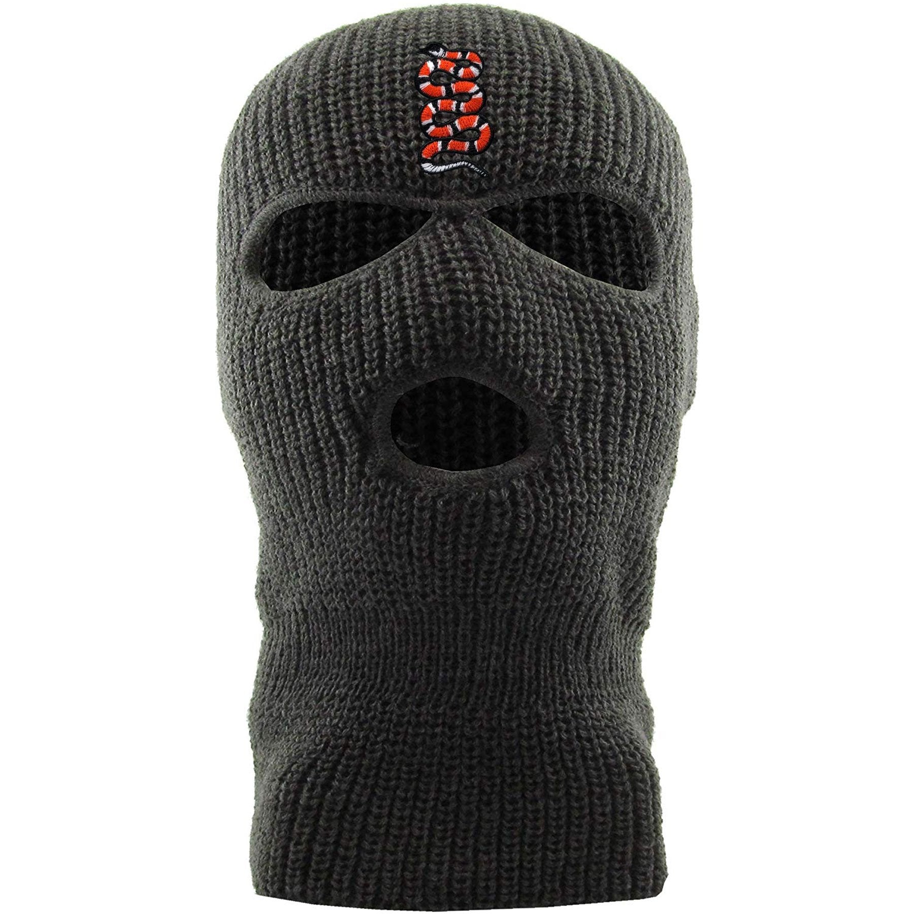 Embroidered on the forehead of the dark gray coiled snake ski mask is the snake logo in red, white, and black