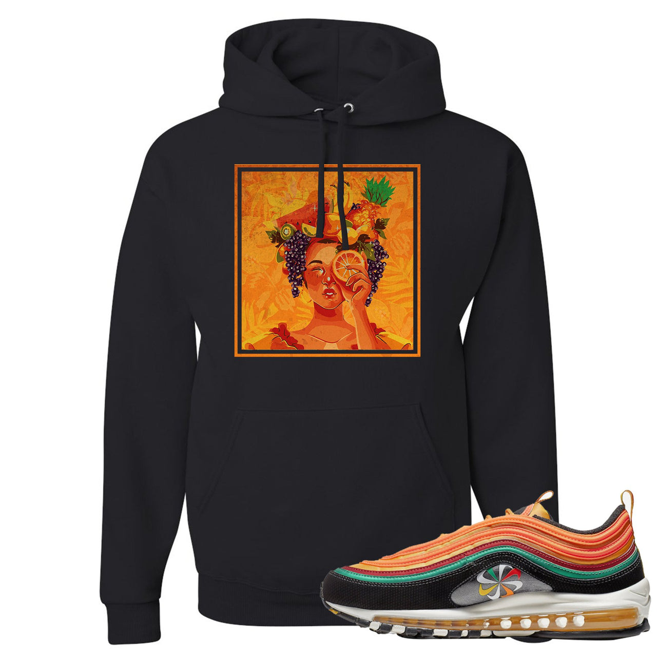 Printed on the front of the Air Max 97 Sunburst black sneaker matching pullover hoodie is the Lady Fruit logo