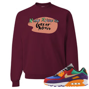 Printed on the front of the Make Runners Great Again Air Max 97 Viotech Sneaker Matching Maroon Crewneck Sweatshirt is the Make Runners Great Again logo