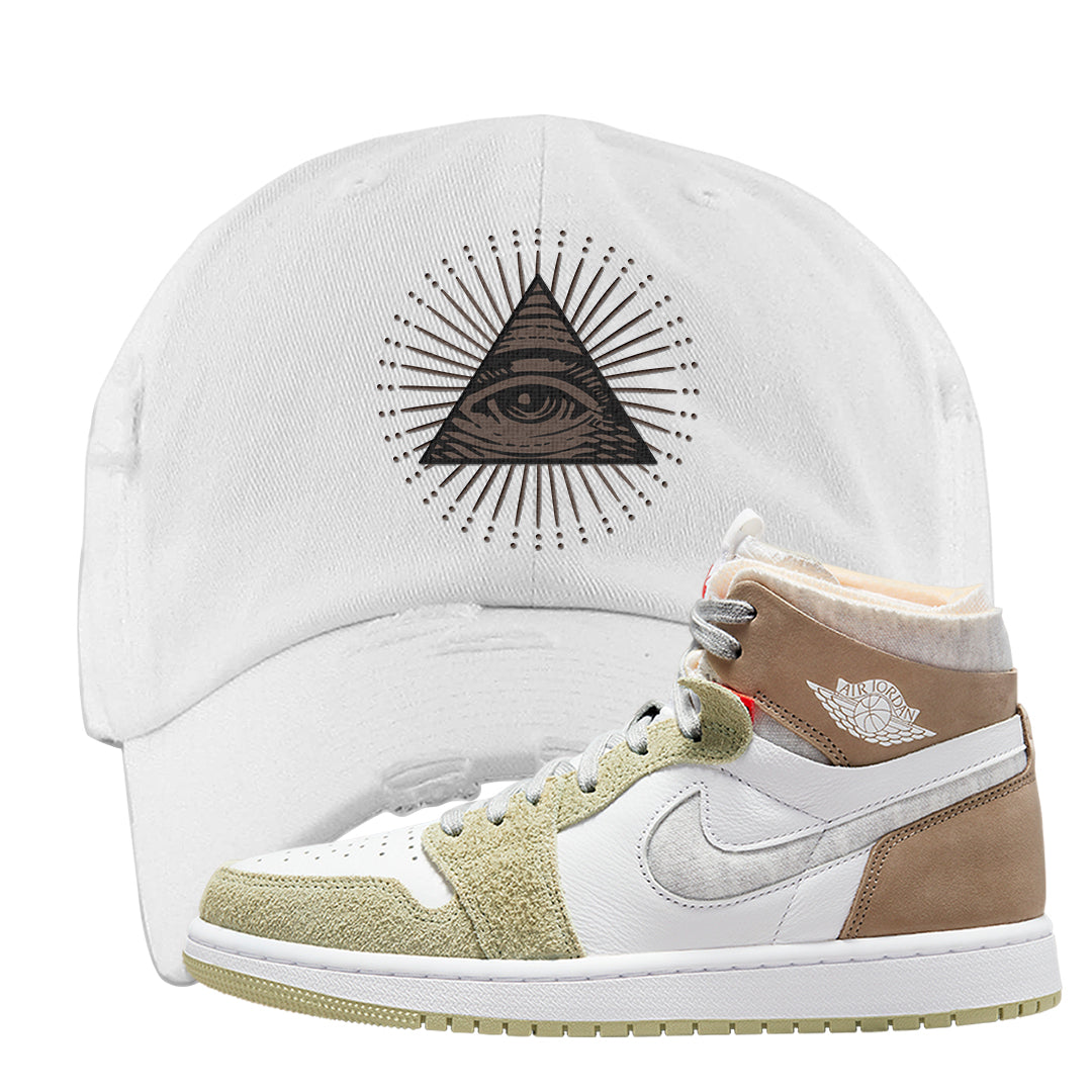 Zoom CMFT Olive Aura 1s Distressed Dad Hat | All Seeing Eye, White