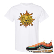 Printed on the front of the Air Max 97 Sunburst white sneaker matching t-shirt is the Vintage Lion Head logo