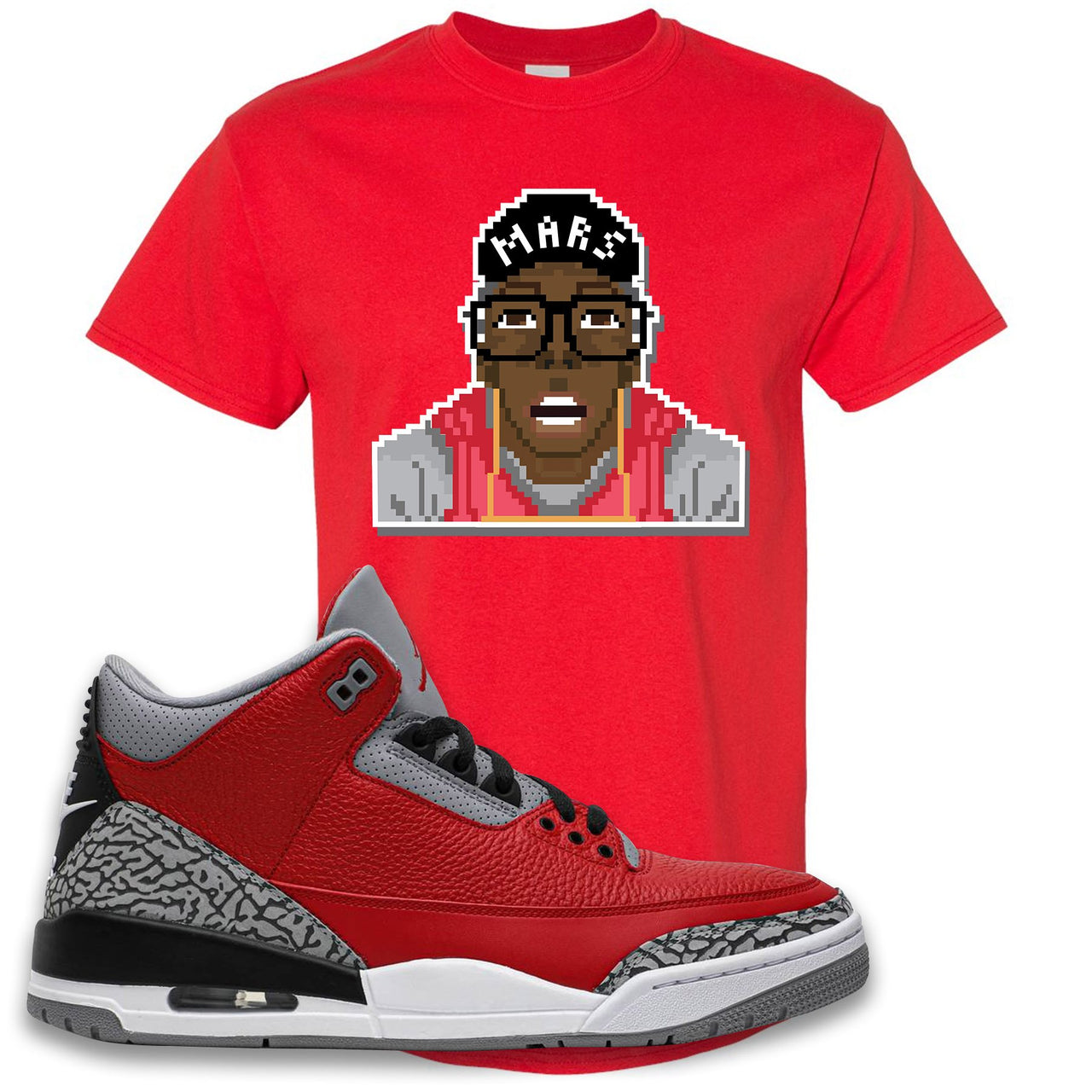 Jordan 3 Red Cement Chicago All-Star Sneaker True Red T Shirt | Tees to match Jordan 3 All Star Red Cement Shoes | Mars Pixel
