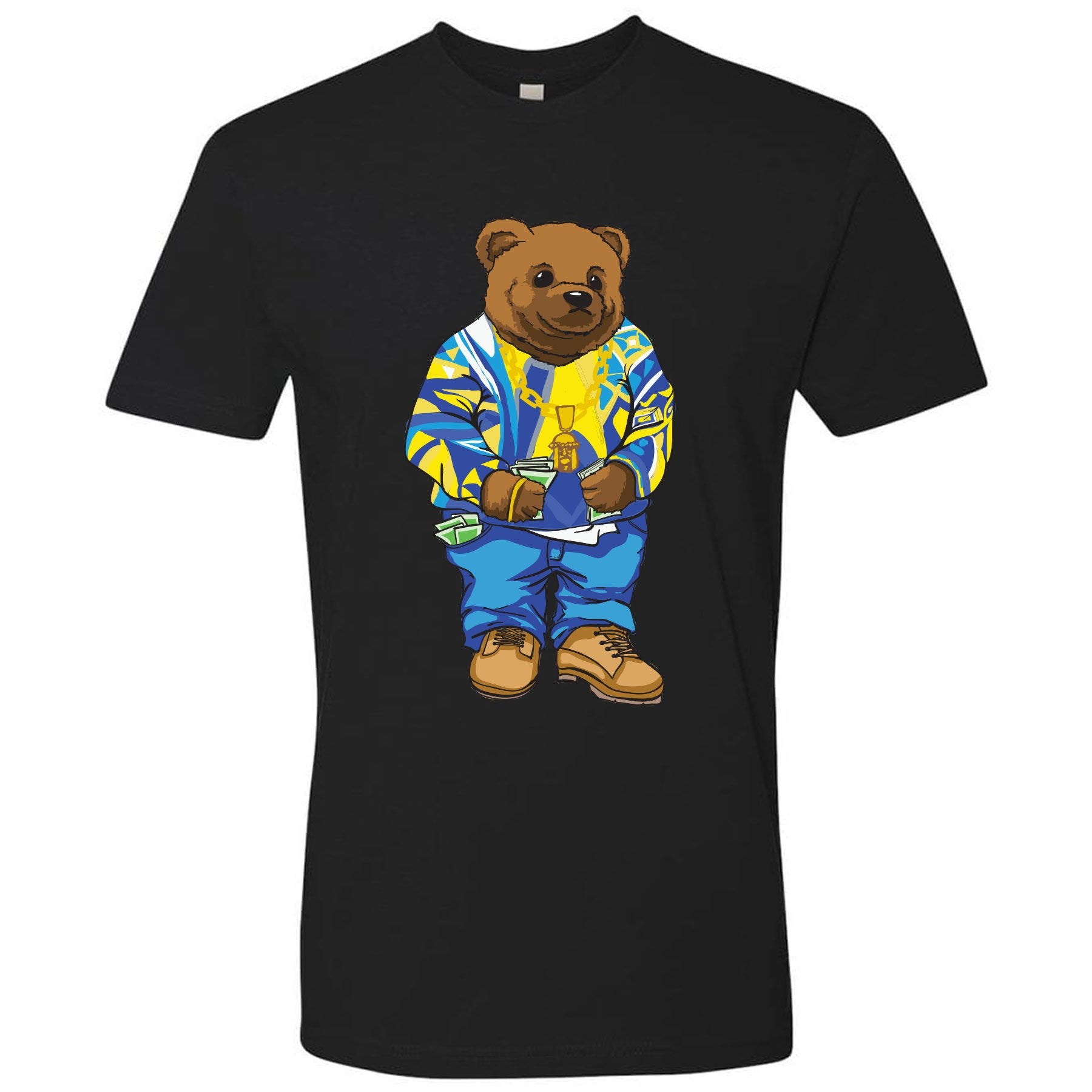 Printed on the front of the Air Jordan 5 Laney Alternate JSP sneaker matching t-shirt is the Sweater Bear wearing a Coogi sweater that matches the colorway of the Jordan 5 Laneys