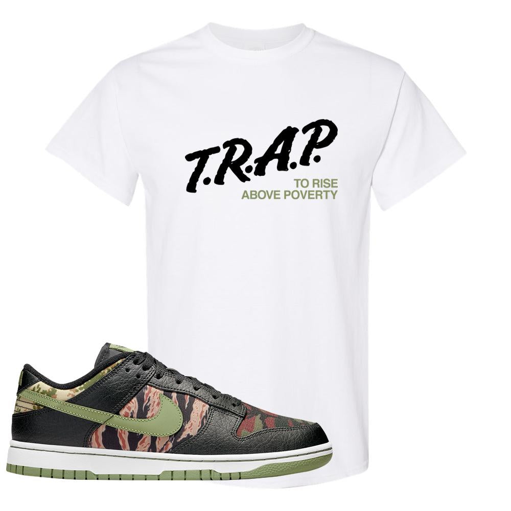Multi Camo Low Dunks T Shirt | Trap To Rise Above Poverty, White