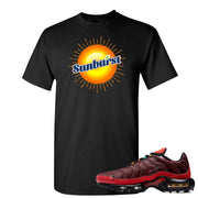 printed on the front of the air max plus sunburst sneaker matching black tee shirt is the sunburst soda logo