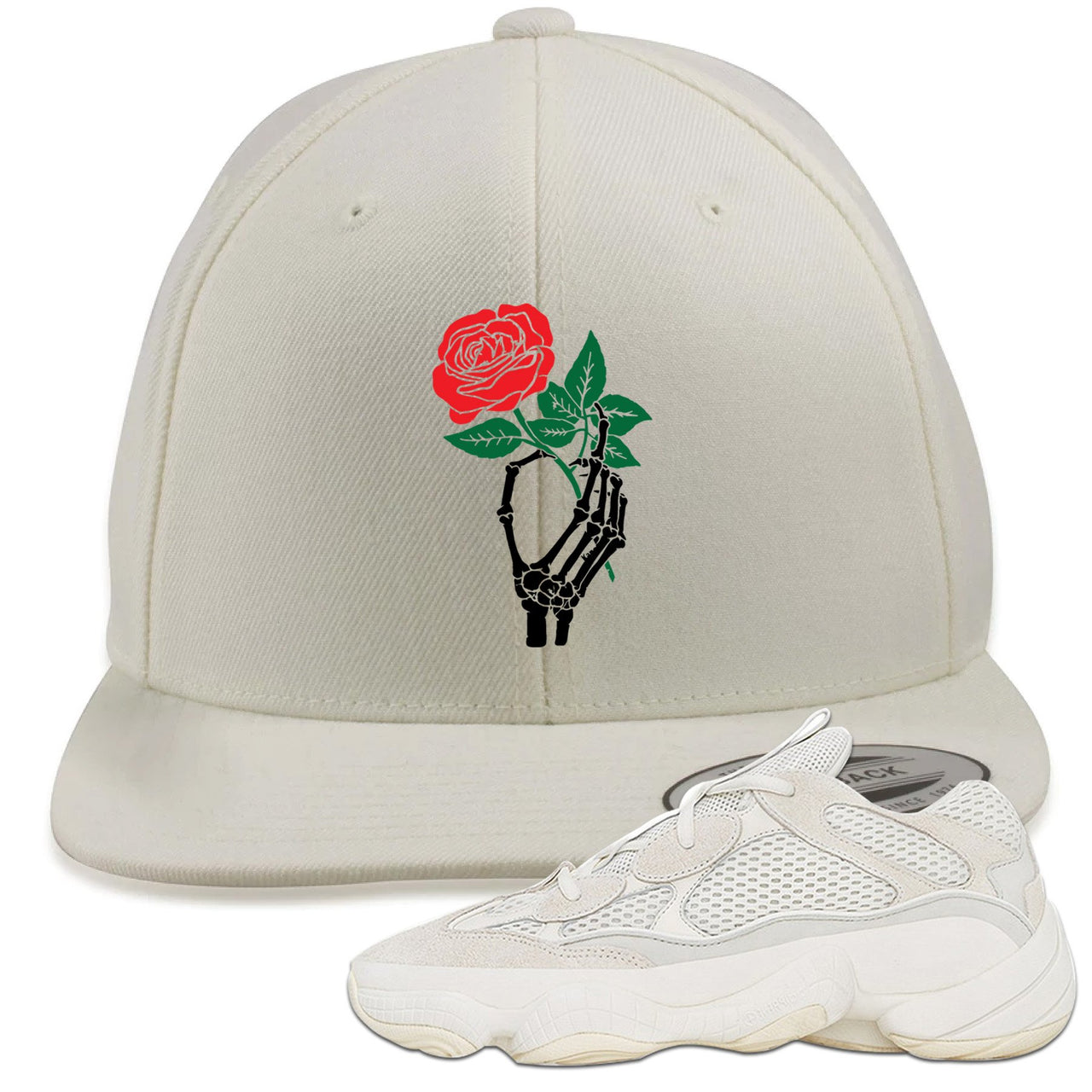 Bone White 500s Snapback Hat | Skeleton Hand Rose, White