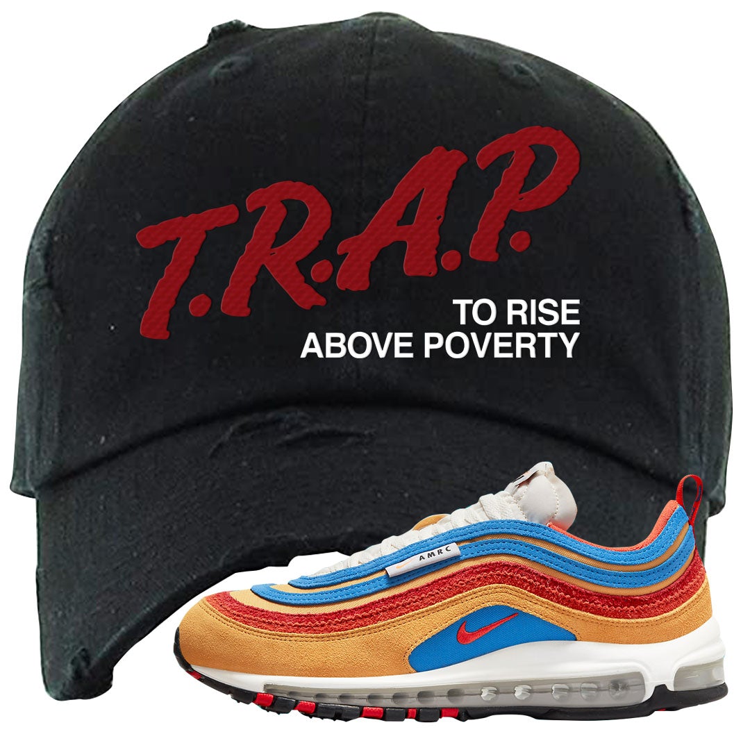 Tan AMRC 97s Distressed Dad Hat | Trap To Rise Above Poverty, Black