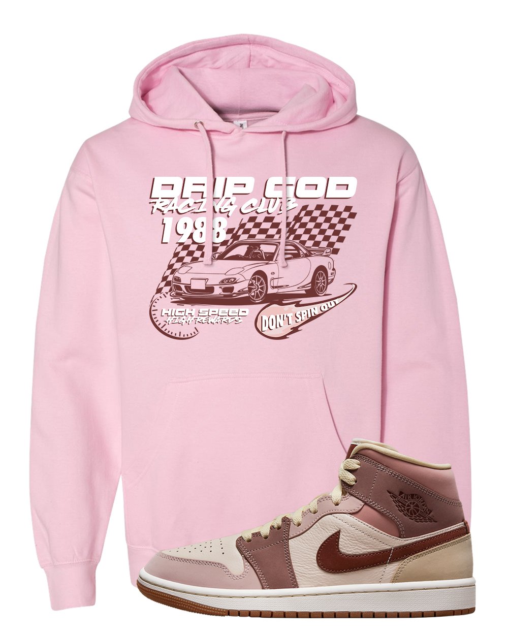 Pink Sand Mauve Mid 1s Hoodie | Drip God Racing Club, Light Pink