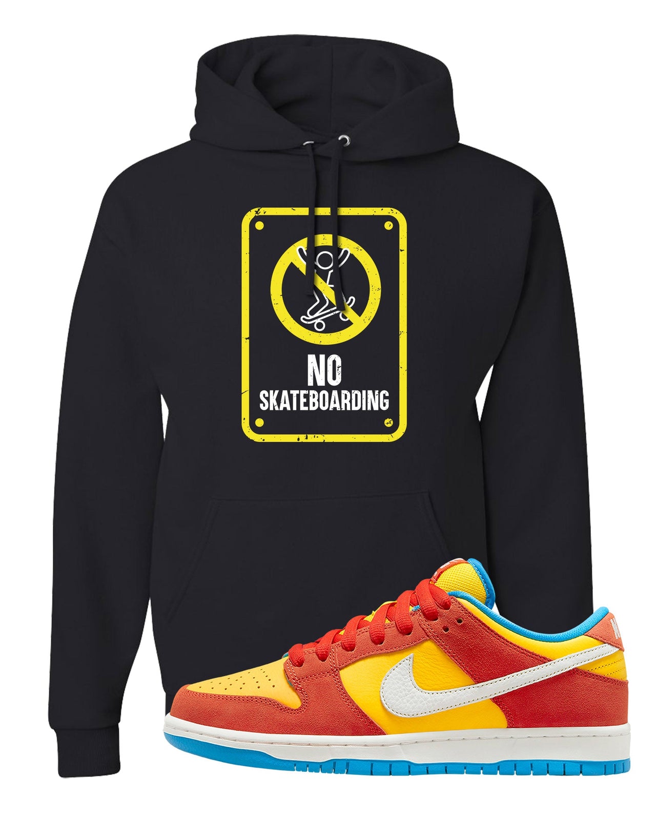 Habanero Red Gold Blue Low Dunks Hoodie | No Skating Sign, Black