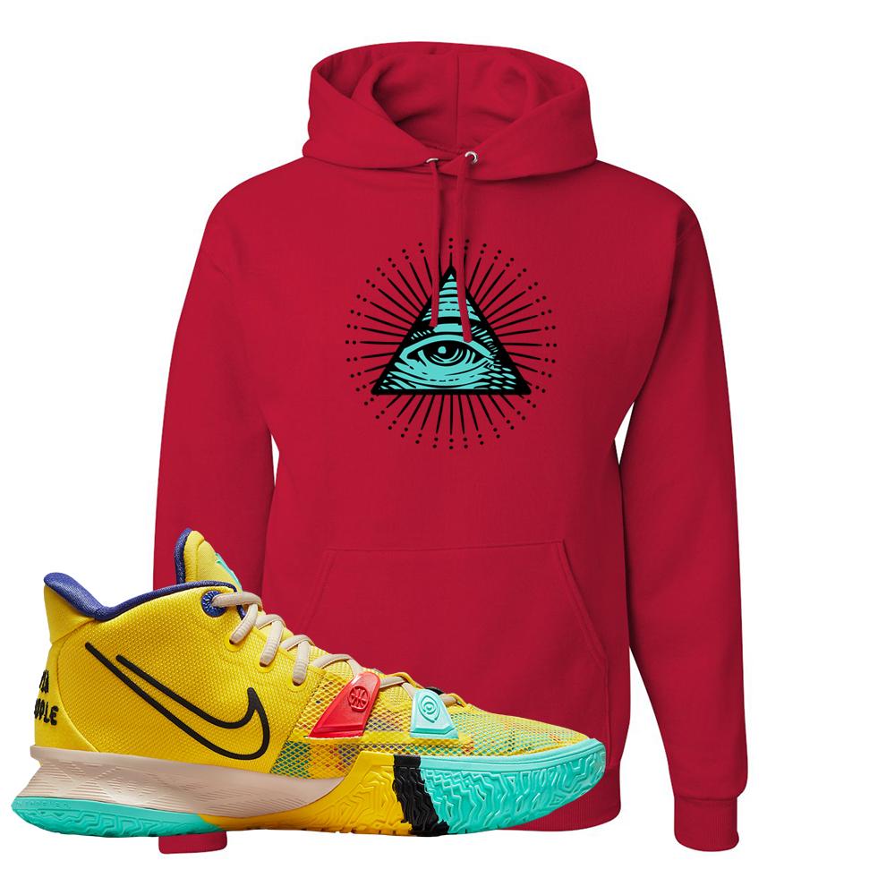 1 World 1 People Yellow 7s Hoodie | All Seeing Eye, Red