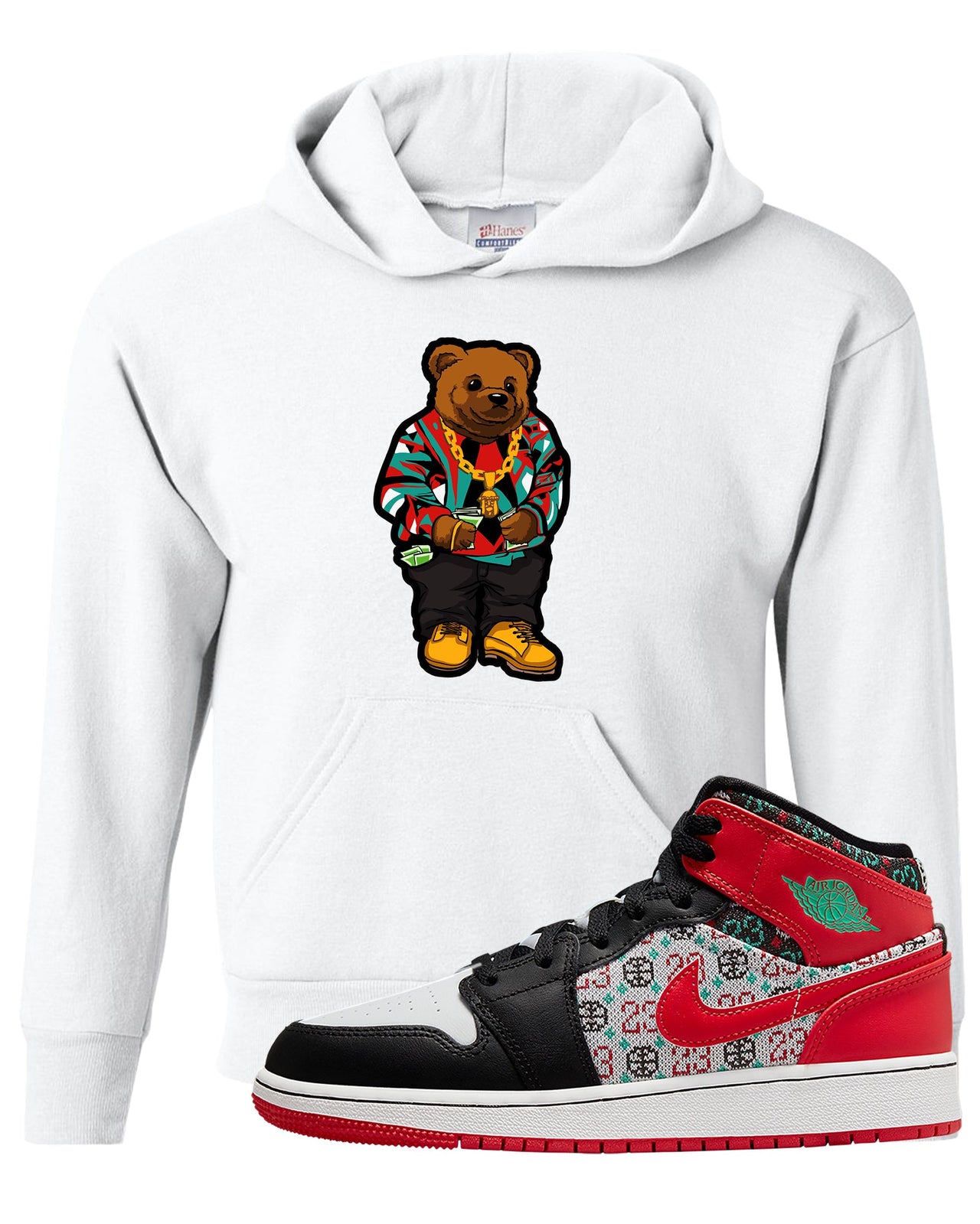 Ugly Sweater GS Mid 1s Kid's Hoodie | Sweater Bear, White
