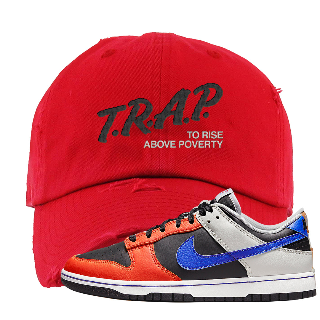 75th Anniversary Low Dunks Distressed Dad Hat | Trap To Rise Above Poverty, Red