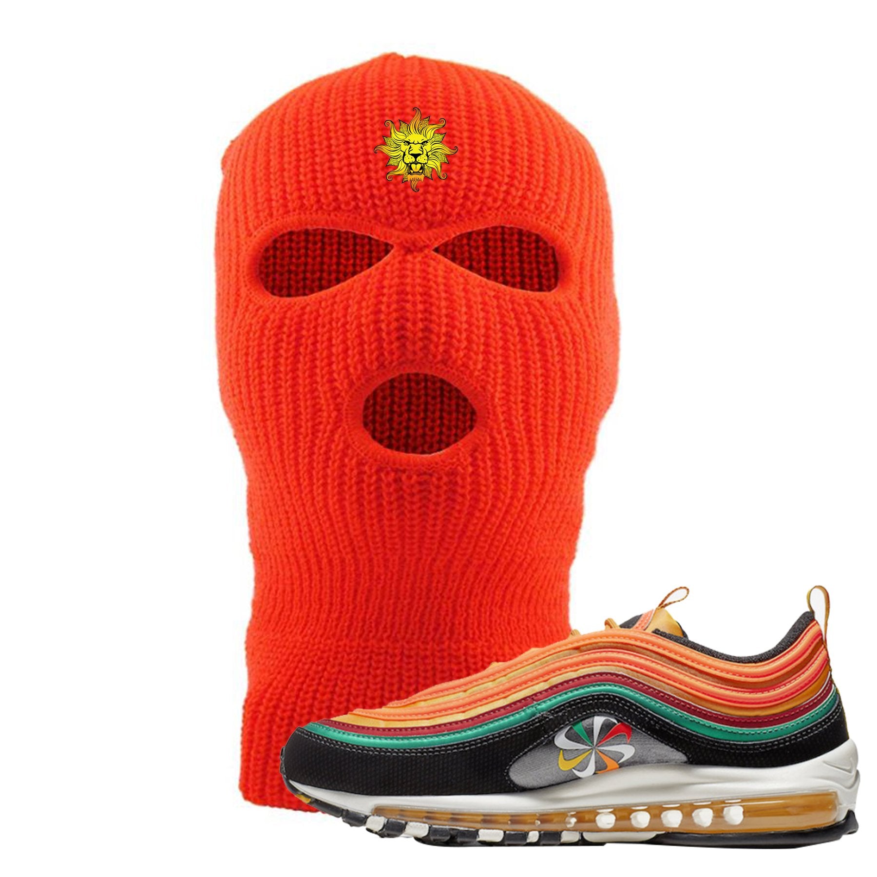 Embroidered on the front of the Air Max 97 Sunburst sneaker matching safety orange ski mask is the vintage lion head logo