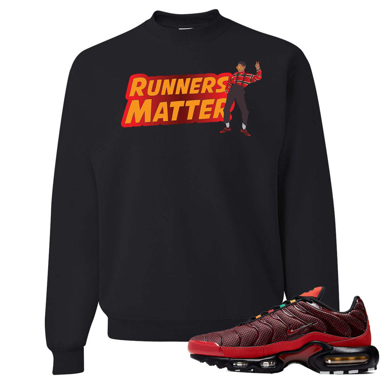 Printed on the front of the air max plus sunburst sneaker matching black crewneck sweatshirt is the runners matter logo