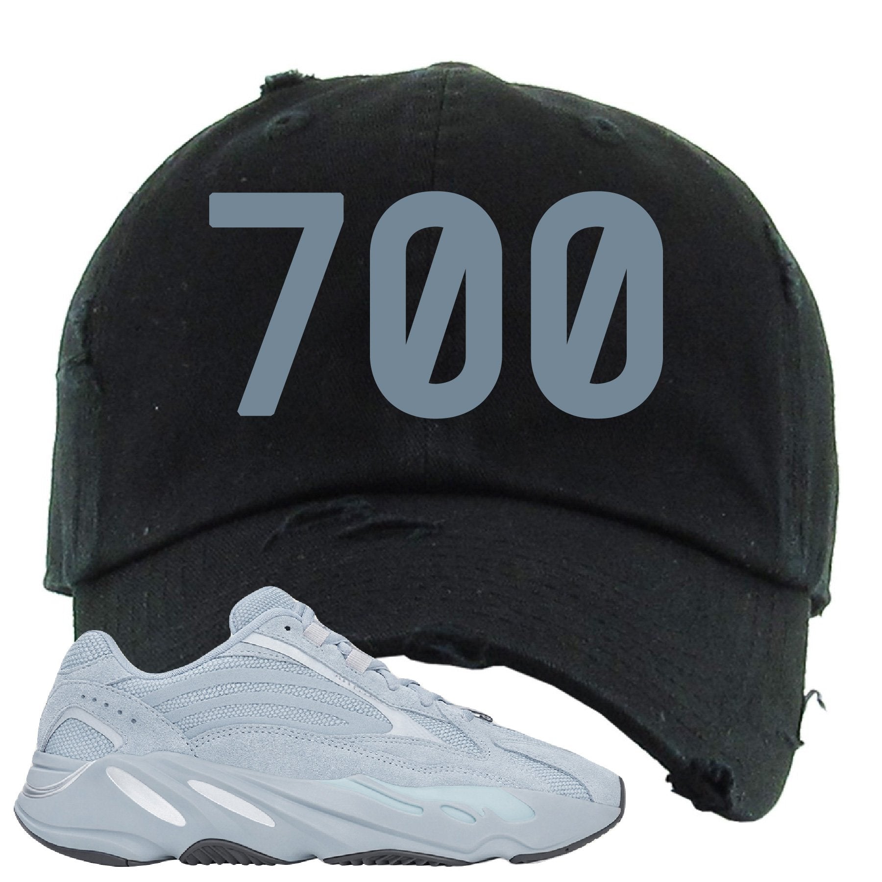 Yeezy Boost 700 V2 Hospital Blue 700 Sneaker Matching Black Distressed Dad Hat