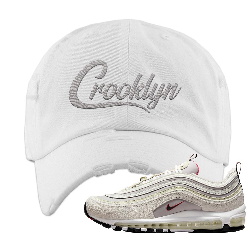 First Use Suede 97s Distressed Dad Hat | Crooklyn, White