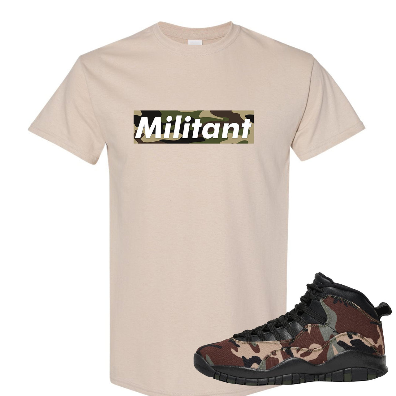 Woodland Camo 10s T Shirt | Militant Camo Box Logo, Sand