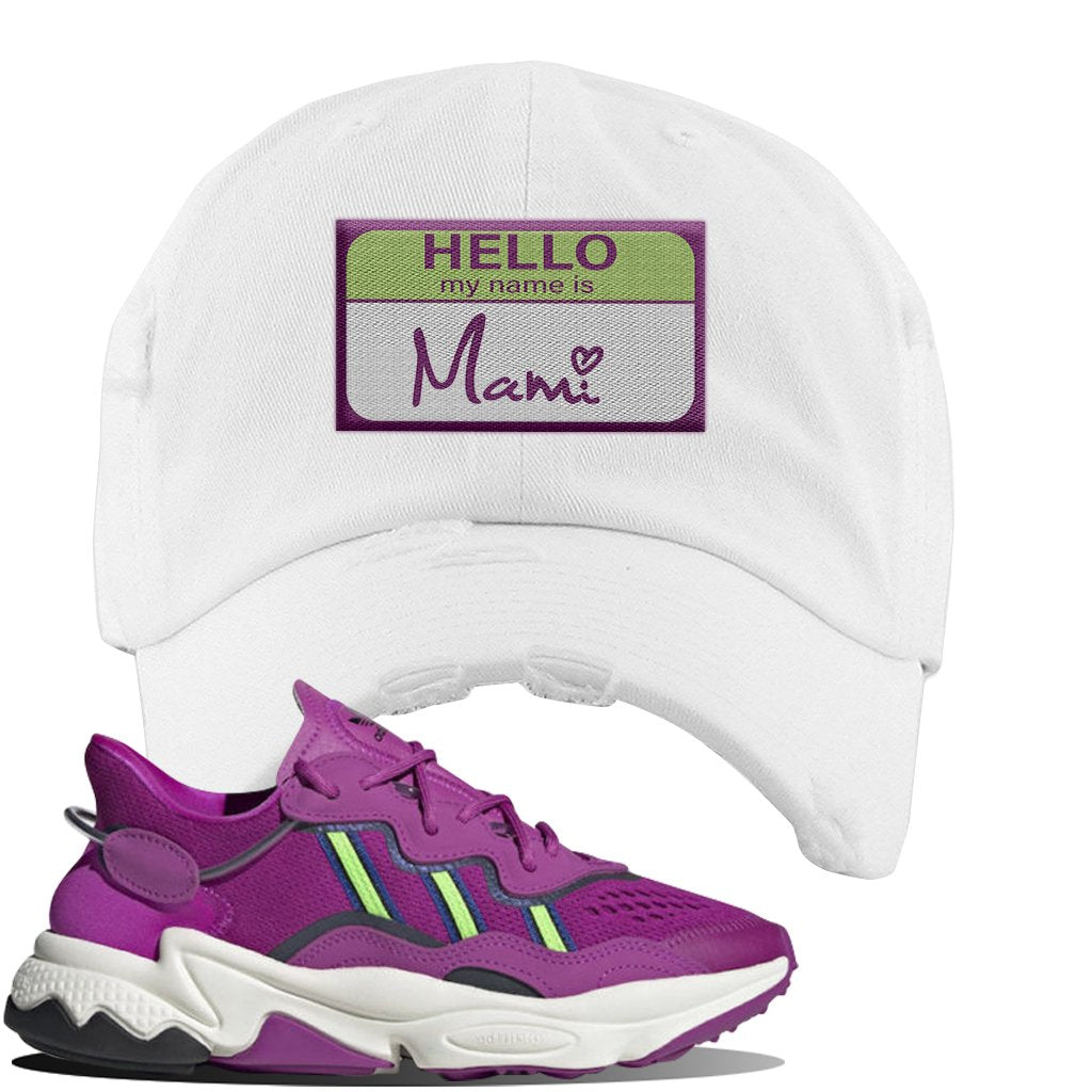 Ozweego Vivid Pink Sneaker White Distressed Dad Hat | Hat to match Adidas Ozweego Vivid Pink Shoes | Hello my Name is Mami