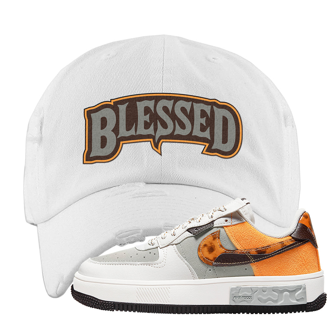 Tortoise Shell AF 1s Distressed Dad Hat | Blessed Arch, White