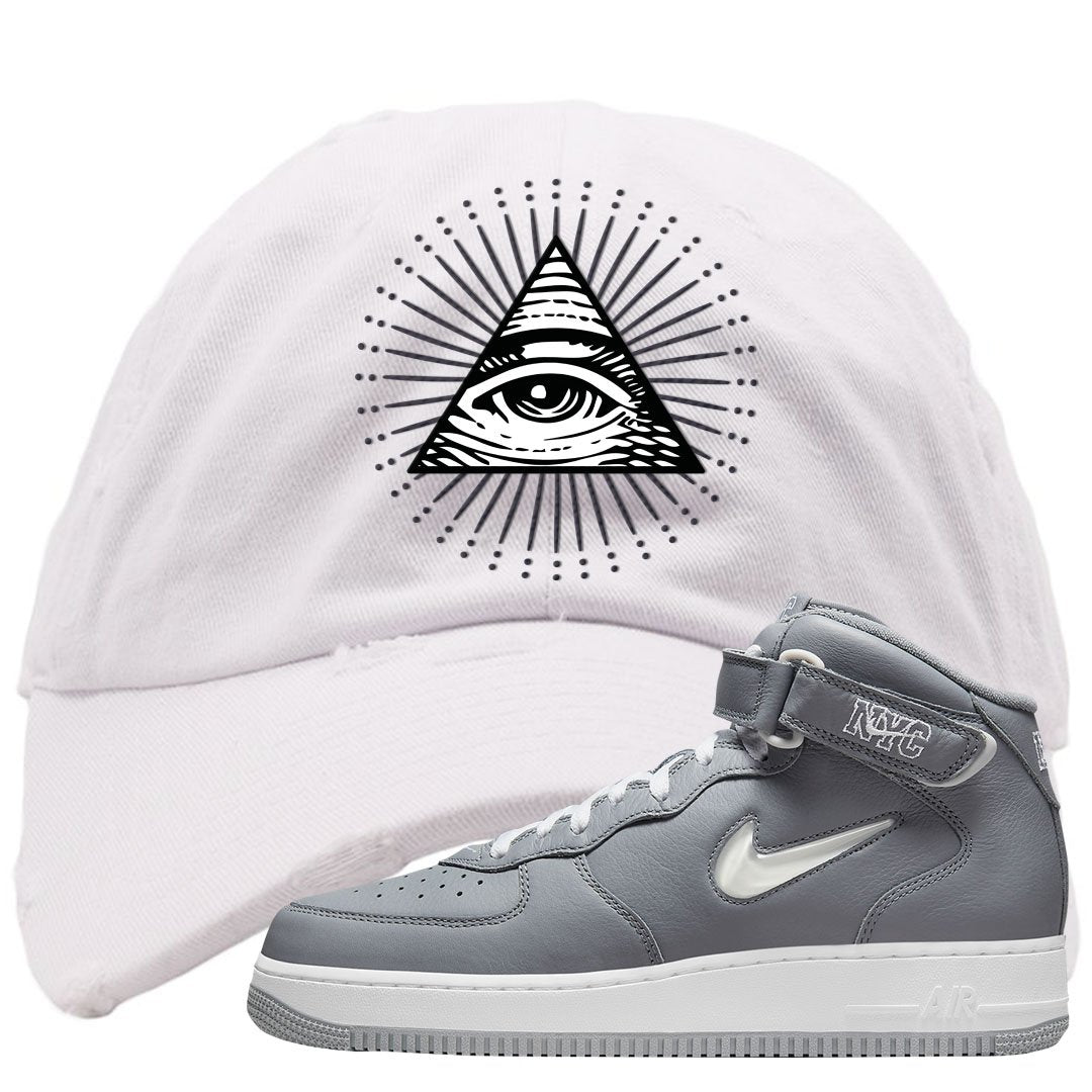 Cool Grey NYC Mid AF1s Distressed Dad Hat | All Seeing Eye, White