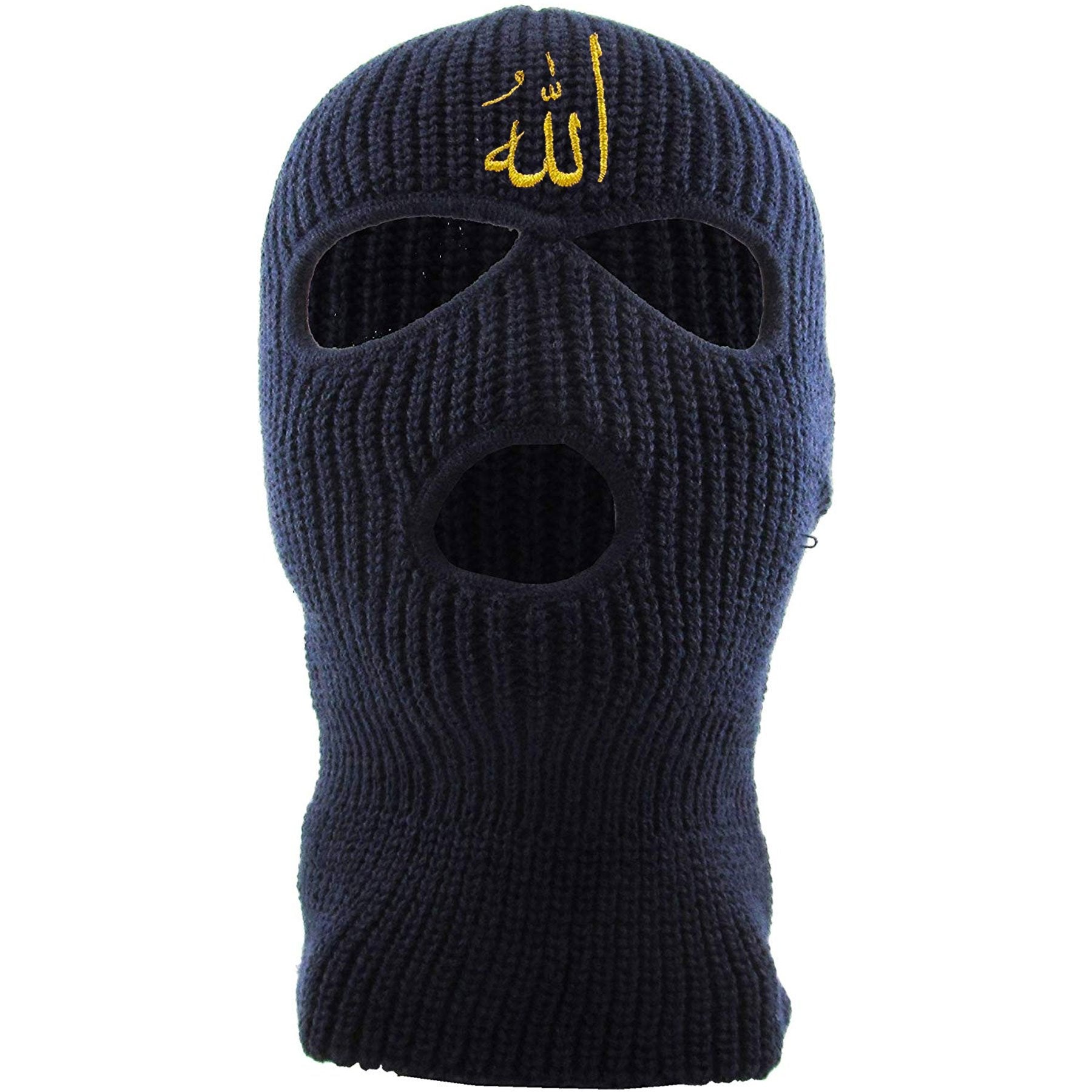 Embroidered on the front of the navy Allah ski mask is the arabic writing for the word allah
