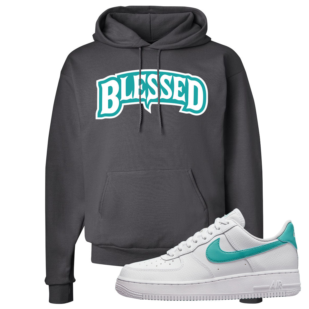 Washed Teal Low 1s Hoodie | Blessed Arch, Smoke Grey