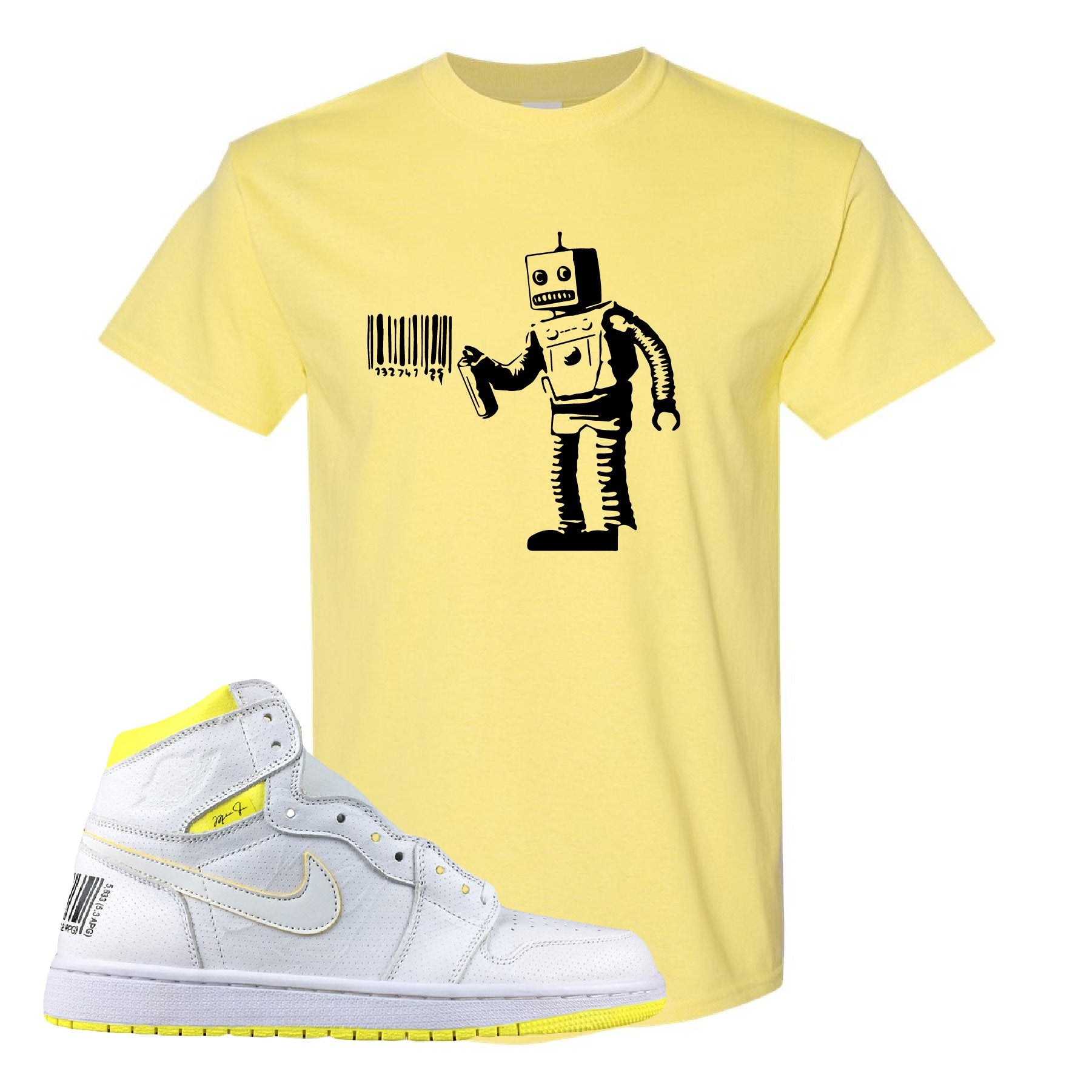 Air Jordan 1 First Class Flight Barcode Robot Yellow Sneaker Matching T-Shirt