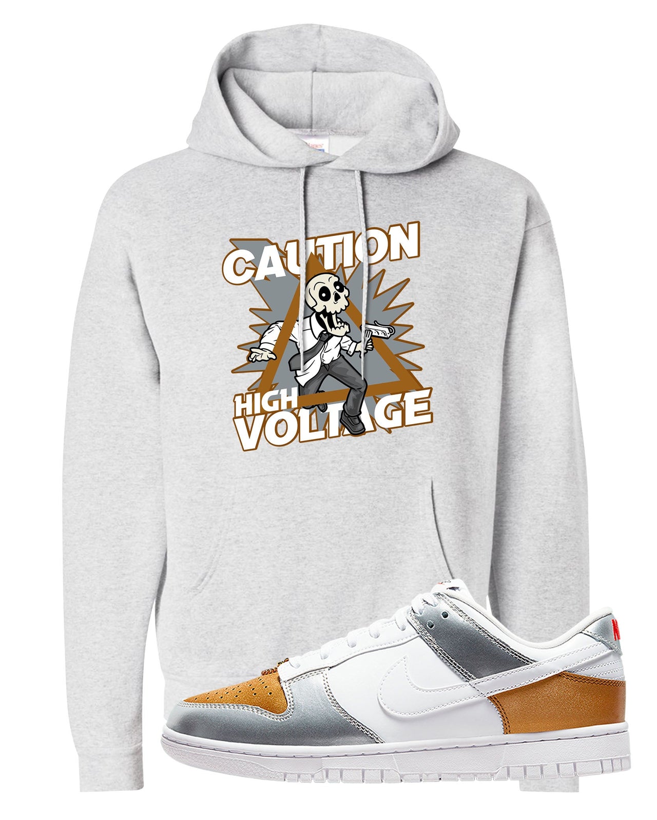 Gold Silver Red Low Dunks Hoodie | Caution High Voltage, Ash