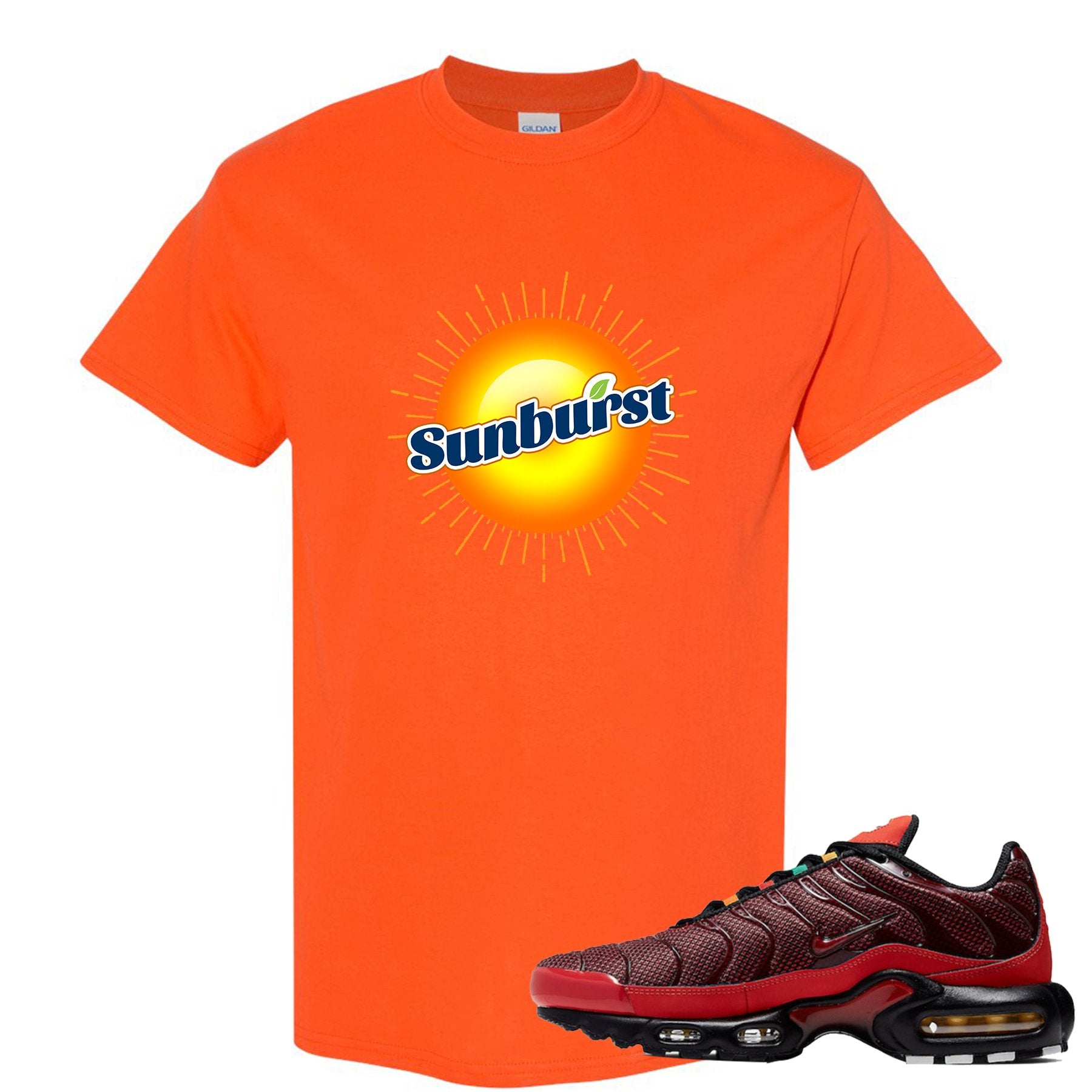 printed on the front of the air max plus sunburst sneaker matching safety orange tee shirt is the sunburst soda logo