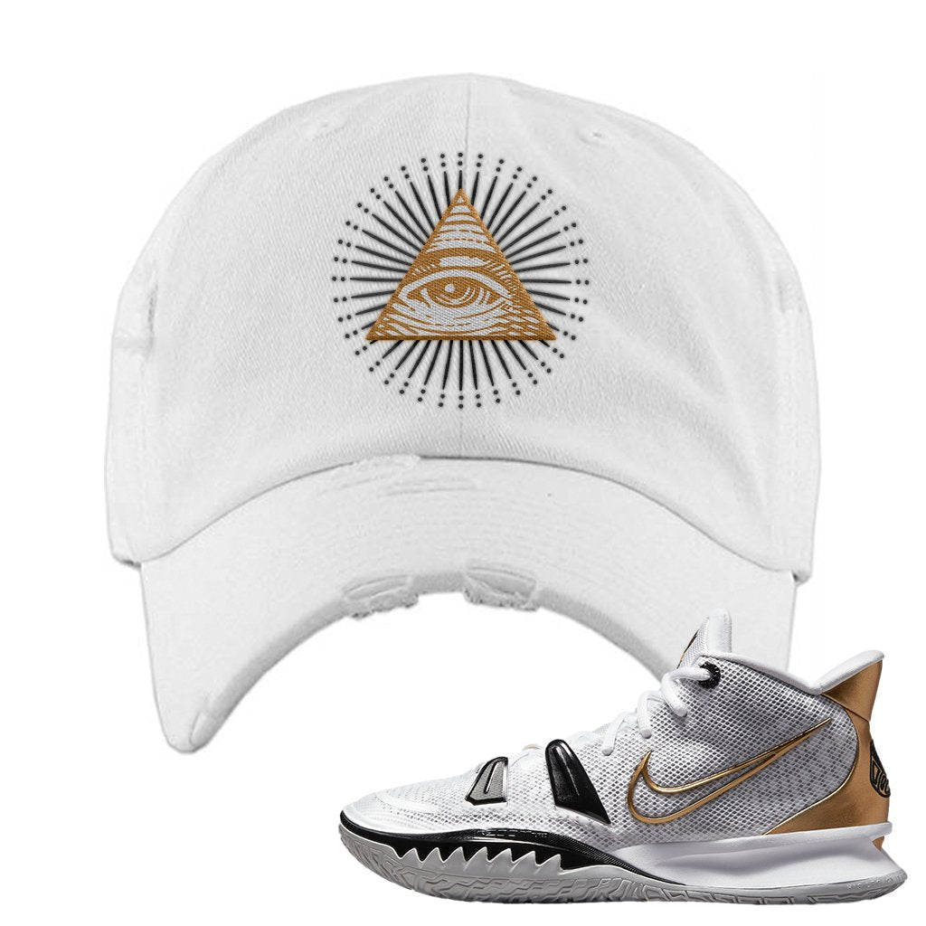 White Black Metallic Gold Kyrie 7s Distressed Dad Hat | All Seeing Eye, White