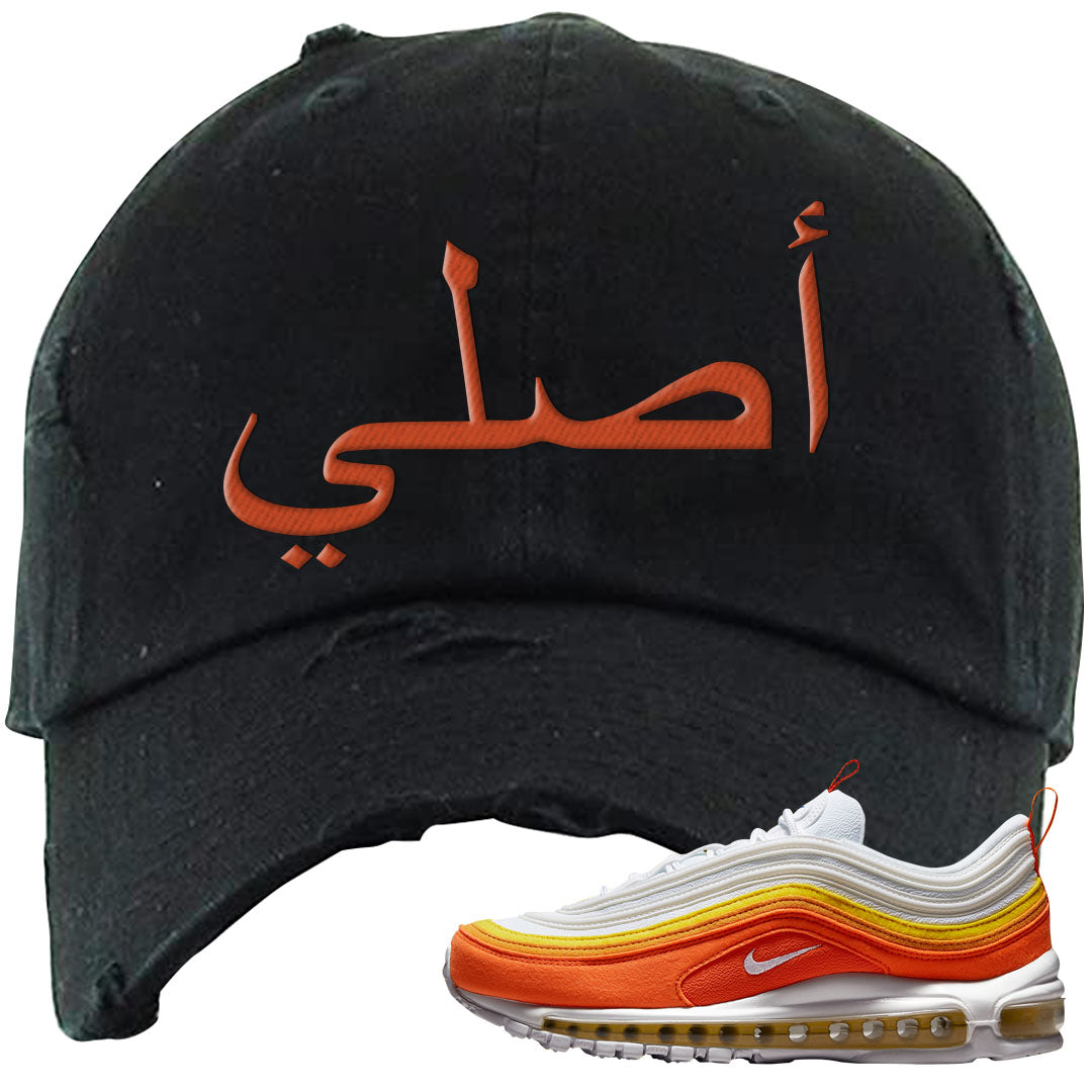 Club Orange Yellow 97s Distressed Dad Hat | Original Arabic, Black