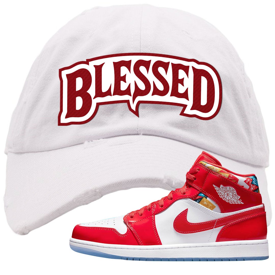 Barcelona Sweater Mid 1s Distressed Dad Hat | Blessed Arch, White