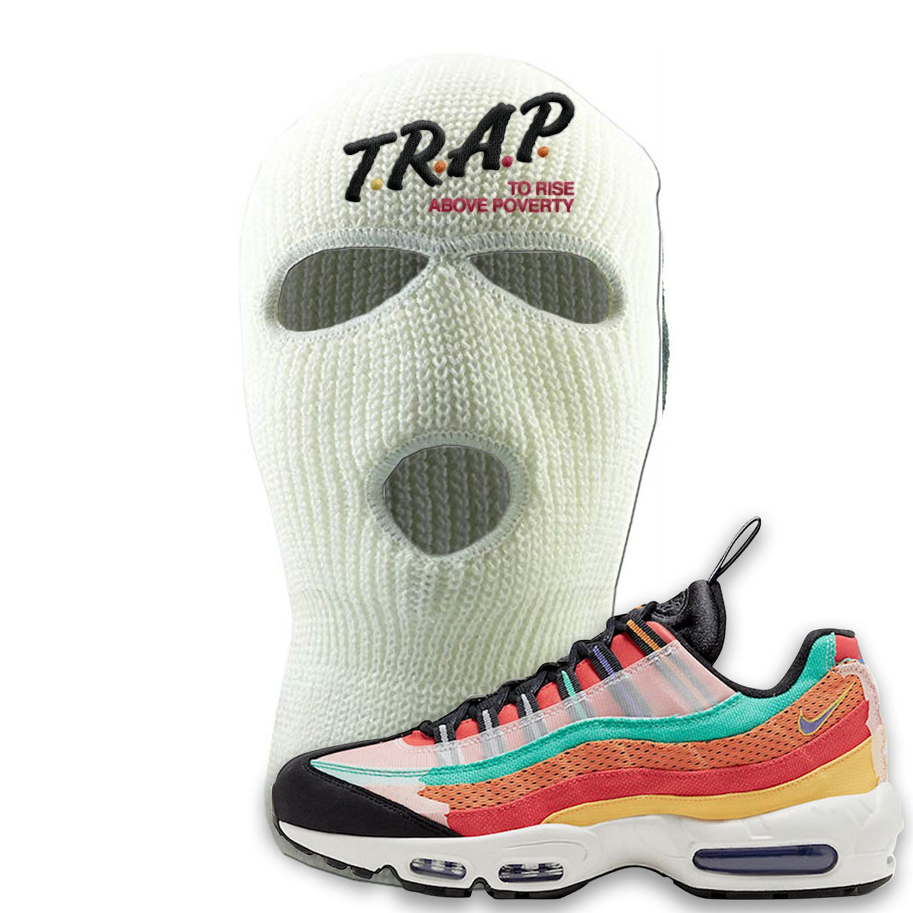 Air Max 95 Black History Month Sneaker White Ski Mask | Winter Mask to match Nike Air Max 95 Black History Month Shoes | Trap To Rise Above Poverty