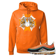 Printed on the front of the Air Max 97 Sunburst safety orange sneaker matching pullover hoodie is the Medusa sunburst logo