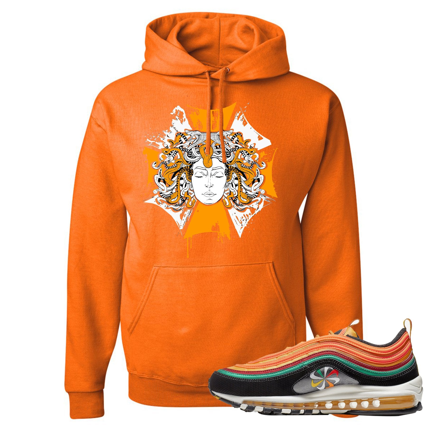 Printed on the front of the Air Max 97 Sunburst safety orange sneaker matching pullover hoodie is the Medusa sunburst logo