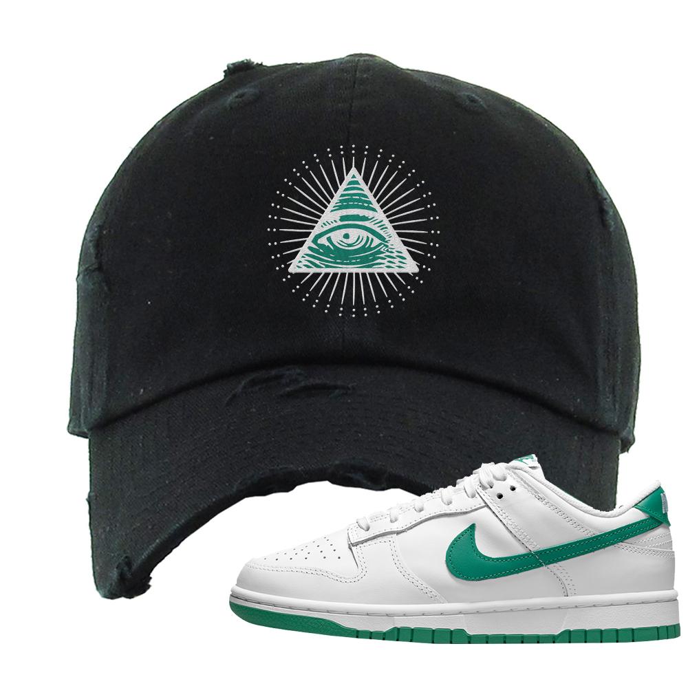 White Green Low Dunks Distressed Dad Hat | All Seeing Eye, Black