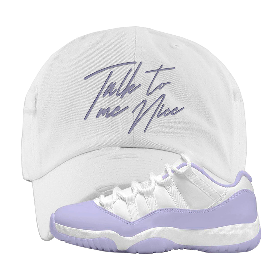 Pure Violet Low 11s Distressed Dad Hat | Talk To Me Nice, White