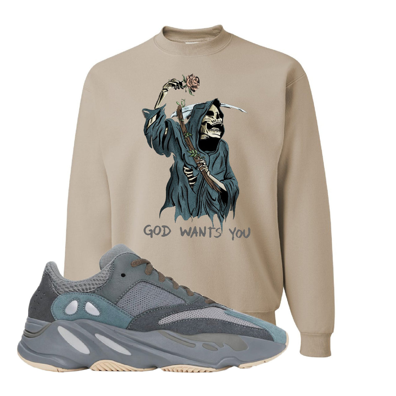 Yeezy Boost 700 Teal Blue God Wants You Reaper Sandstone Sneaker Hook Up Crewneck Sweatshirt