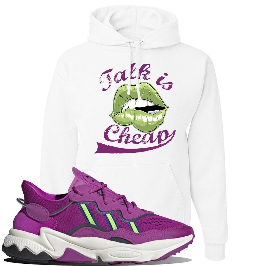 Ozweego Vivid Pink Sneaker White Pullover Hoodie | Hoodie to match Adidas Ozweego Vivid Pink Shoes | Talk is Cheap