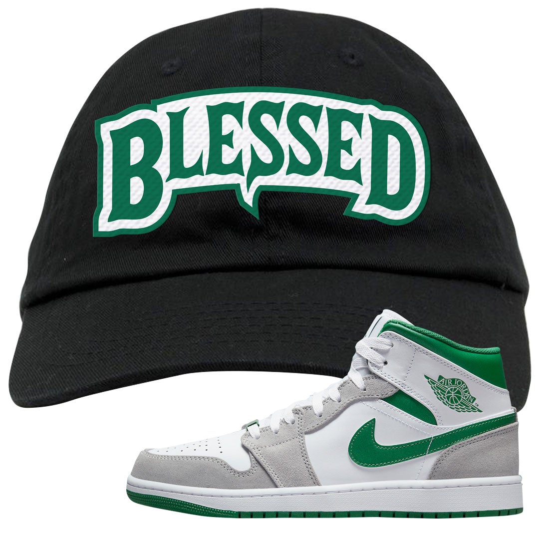 Light Smoke Pine Green Mid 1s Dad Hat | Blessed Arch, Black