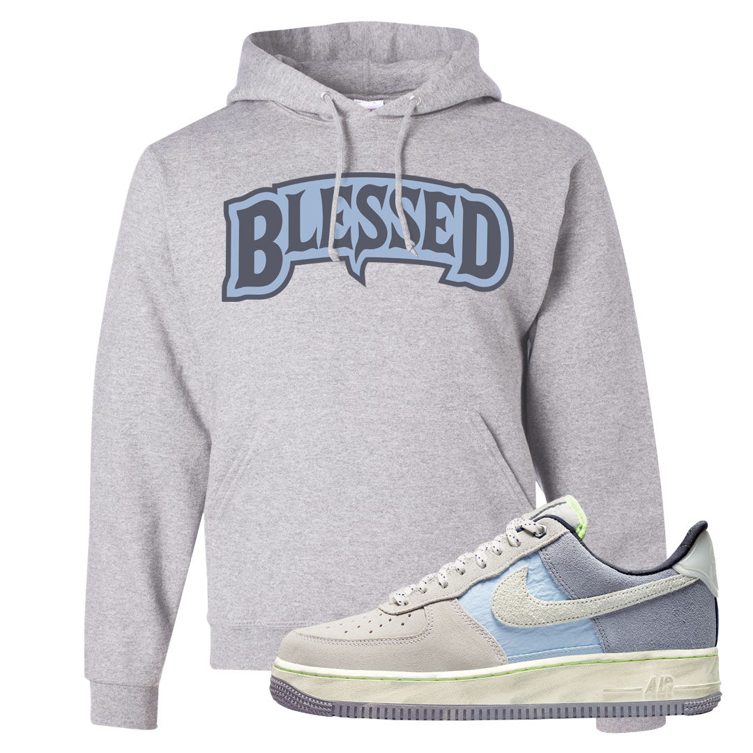 Womens Mountain White Blue AF 1s Hoodie | Blessed Arch, Ash