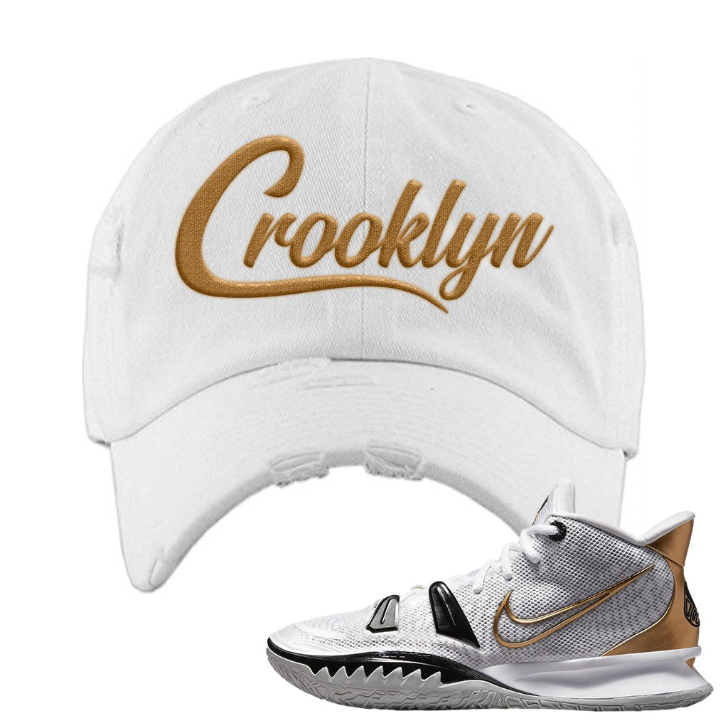 White Black Metallic Gold Kyrie 7s Distressed Dad Hat | Crooklyn, White