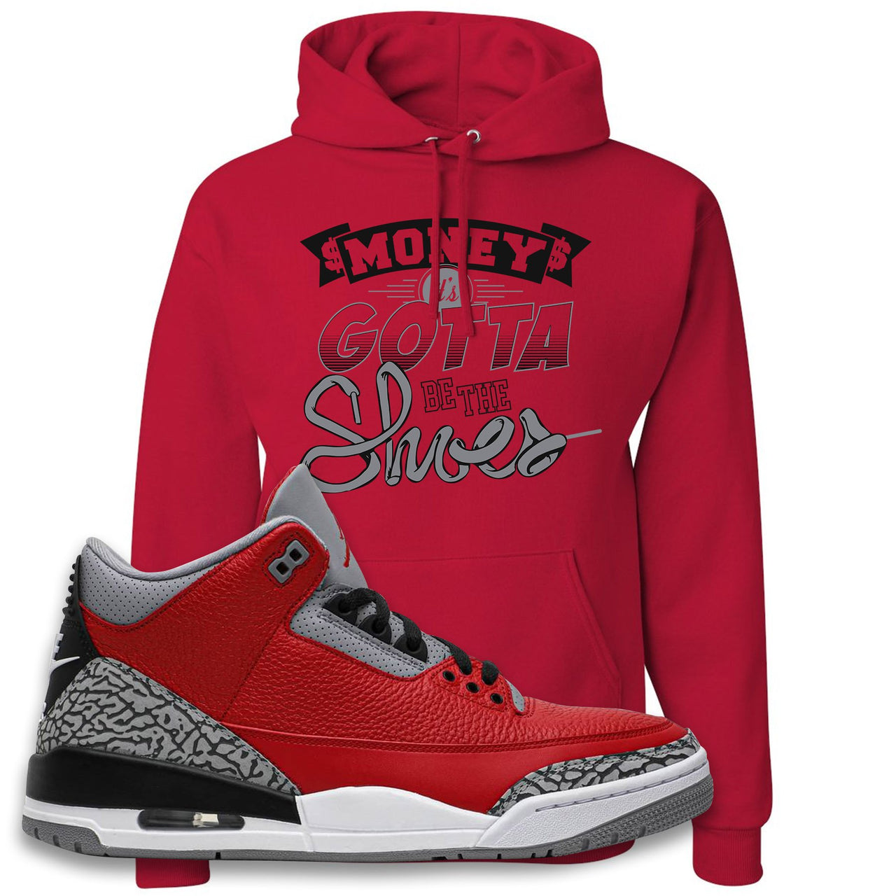 Jordan 3 Red Cement Chicago All-Star Sneaker True Red Pullover Hoodie | Hoodie to match Jordan 3 All Star Red Cement Shoes | Money Its The Shoes