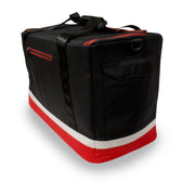 The Foot Clan Jordan 11 Bred Sneaker Matching Sneaker Duffle Bag is black, white, and red with patent leather accents