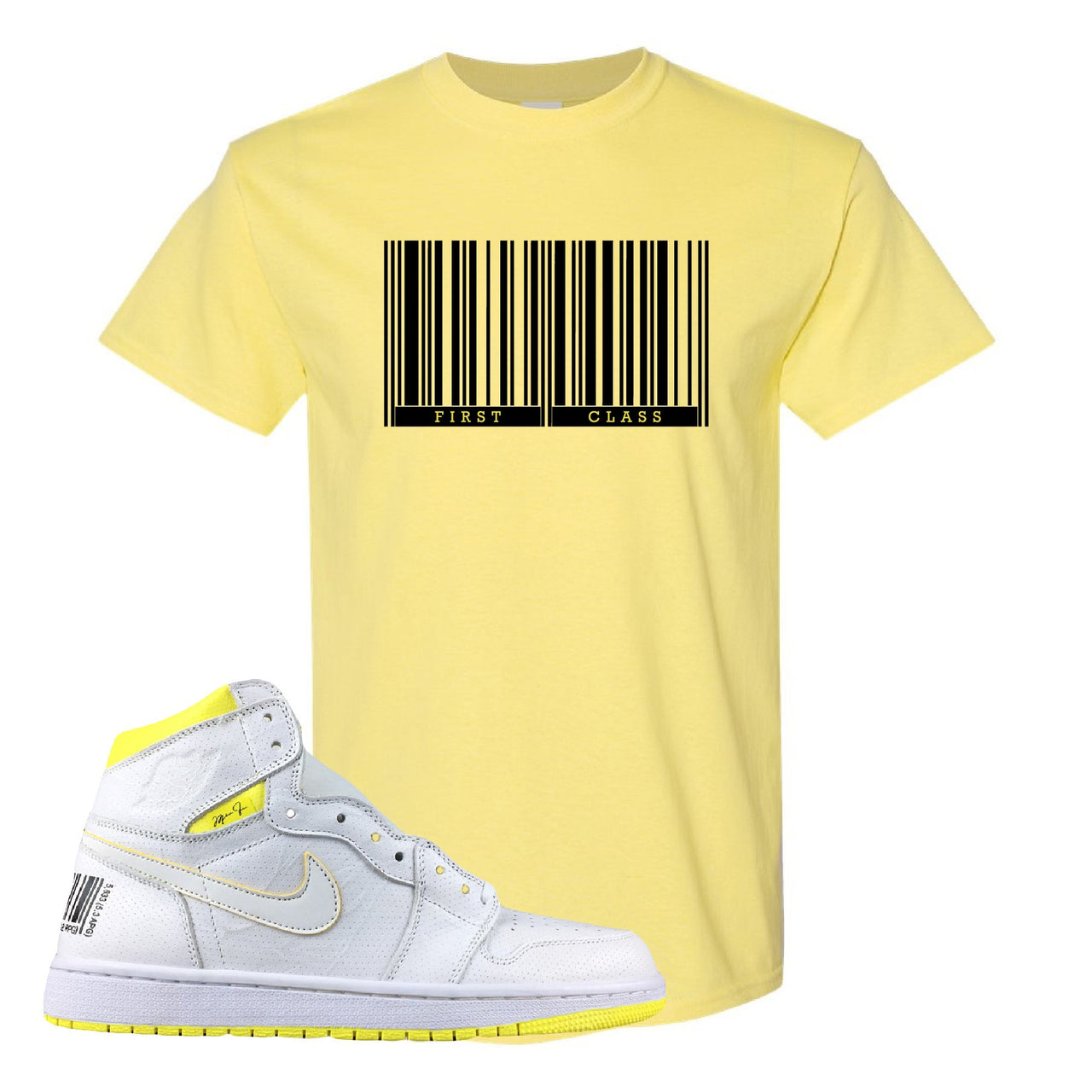 Air Jordan 1 First Class Flight First Class Barcode Yellow Sneaker Matching T-Shirt